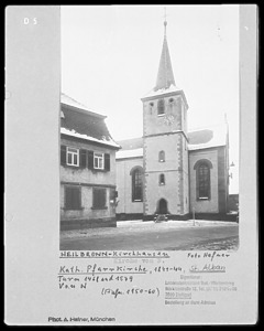 Südwestansicht des Turmes / Pfarrkirche St. Alban, Turm in 74078 Kirchhausen (1950-1960 - LAD Baden-Württemberg, Stuttgart, Quelle: bildindex.de)